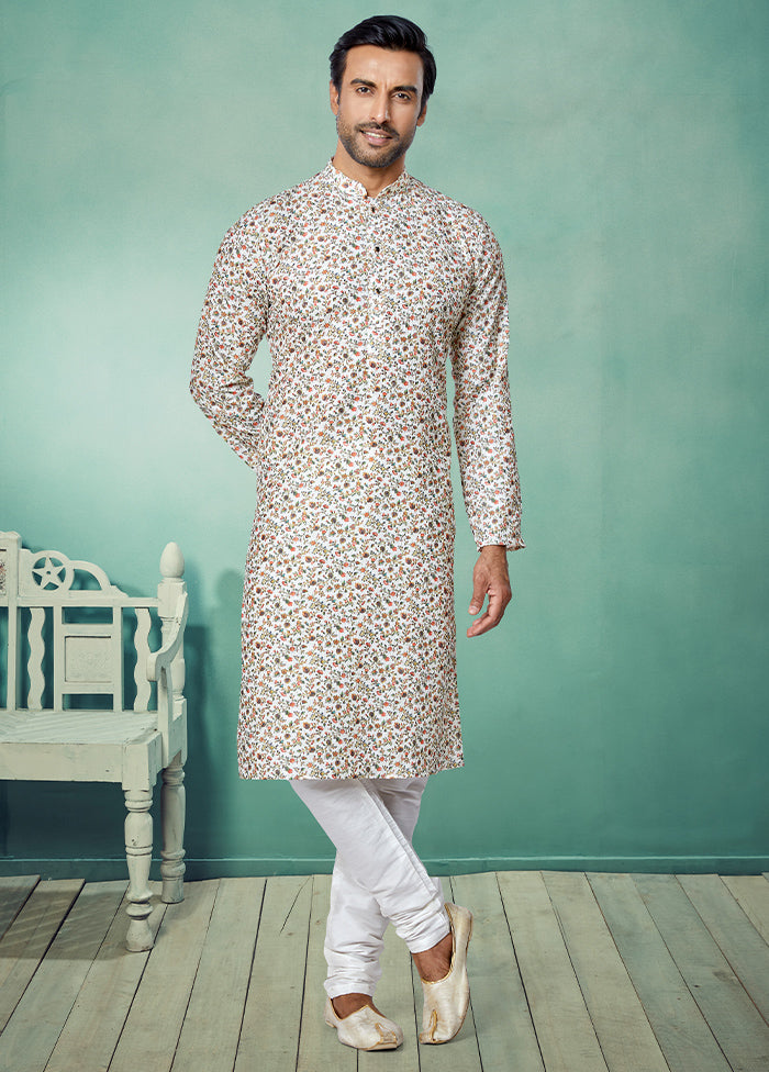 2 Pc White Dupion Silk Kurta And Pajama Set - Indian Silk House Agencies