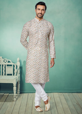 2 Pc White Dupion Silk Kurta And Pajama Set - Indian Silk House Agencies