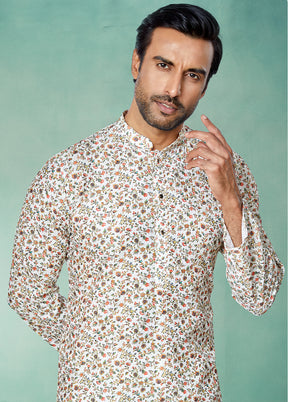2 Pc White Dupion Silk Kurta And Pajama Set - Indian Silk House Agencies