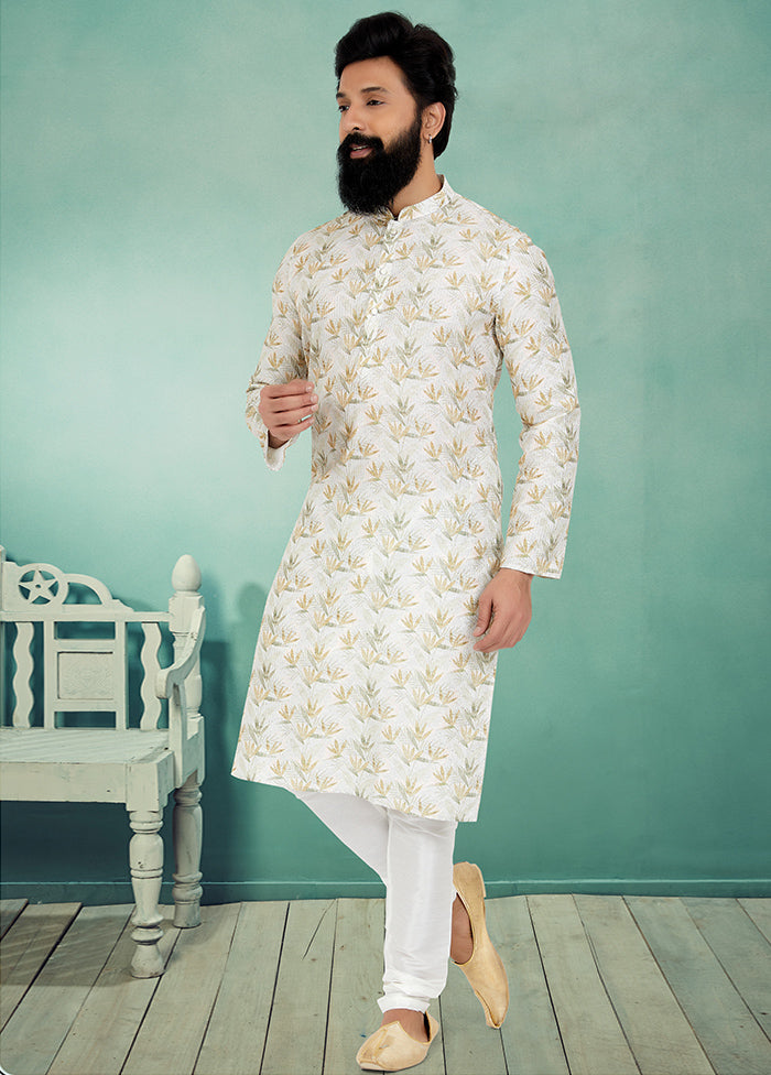 2 Pc White Dupion Silk Kurta And Pajama Set - Indian Silk House Agencies