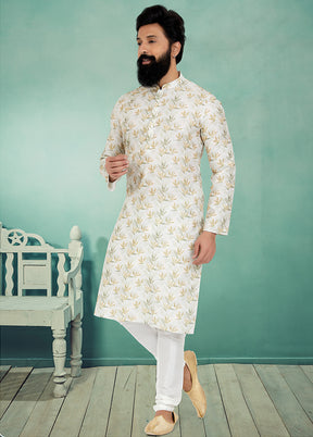 2 Pc White Dupion Silk Kurta And Pajama Set - Indian Silk House Agencies