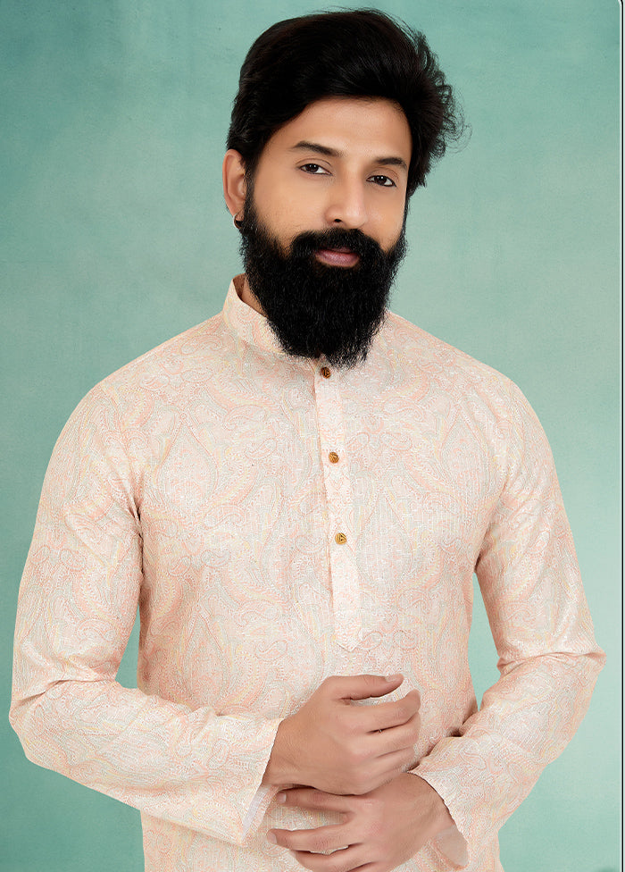 2 Pc Cream Dupion Silk Kurta And Pajama Set - Indian Silk House Agencies