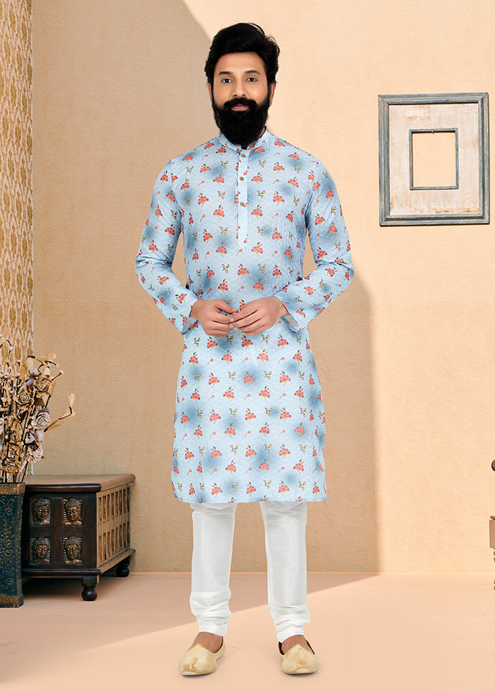 2 Pc Blue Dupion Silk Kurta And Pajama Set - Indian Silk House Agencies