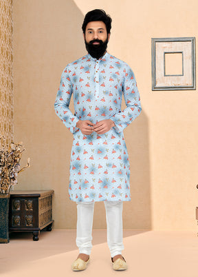 2 Pc Blue Dupion Silk Kurta And Pajama Set - Indian Silk House Agencies