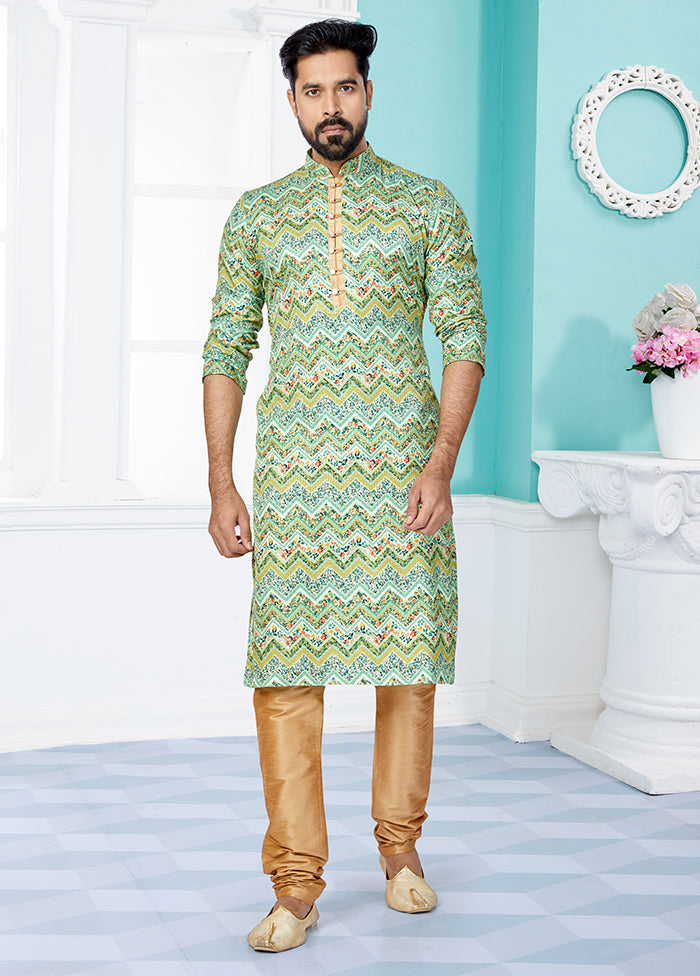 2 Pc Green Dupion Silk Kurta And Pajama Set - Indian Silk House Agencies