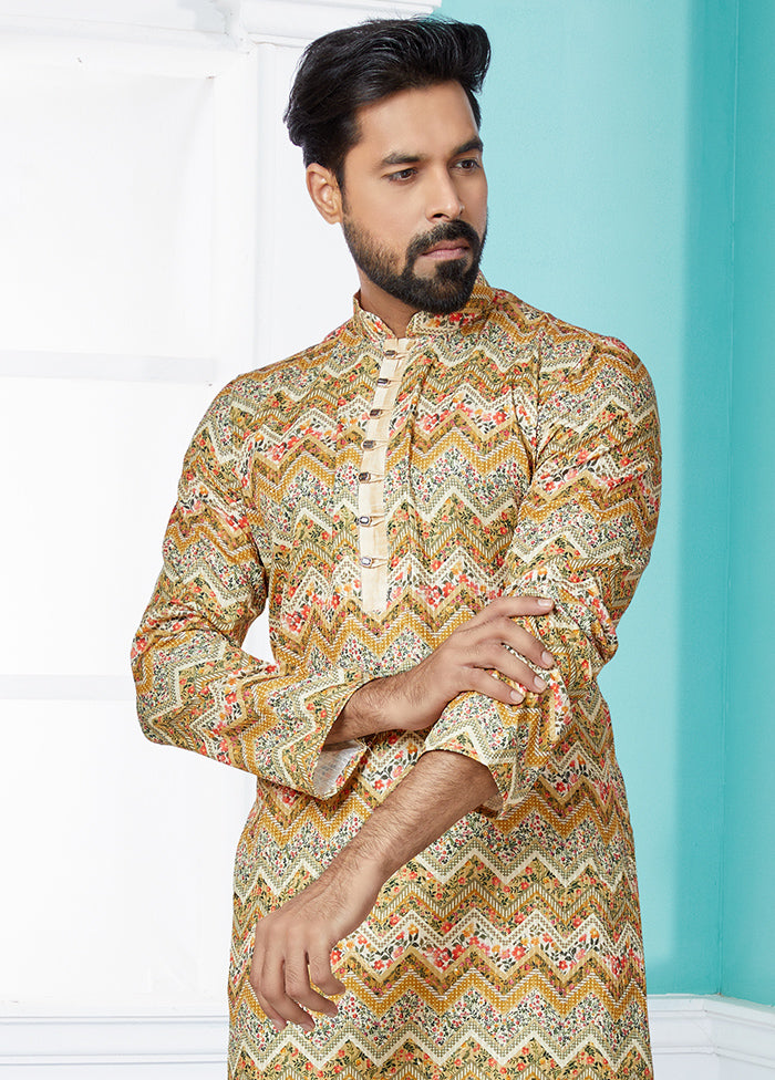 2 Pc Cream Dupion Silk Kurta And Pajama Set - Indian Silk House Agencies