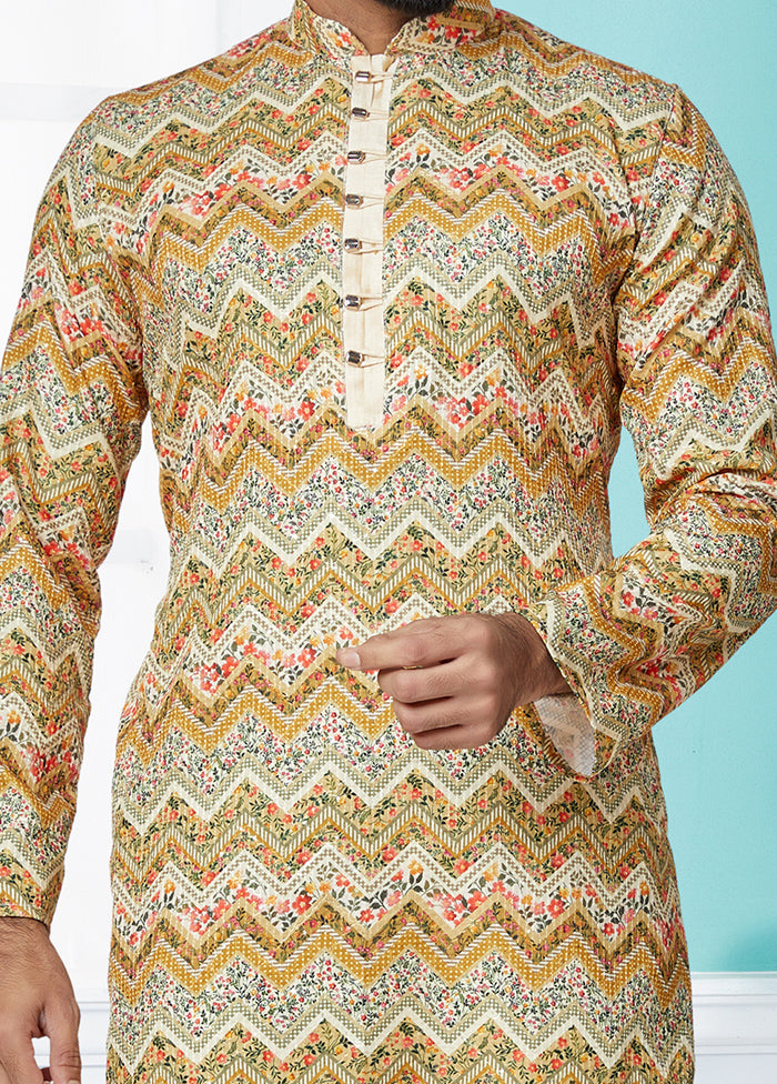 2 Pc Cream Dupion Silk Kurta And Pajama Set - Indian Silk House Agencies