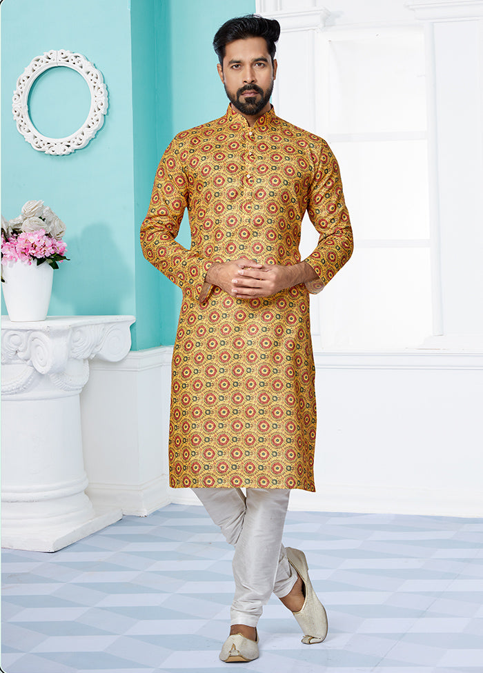 2 Pc Cream Dupion Silk Kurta And Pajama Set - Indian Silk House Agencies