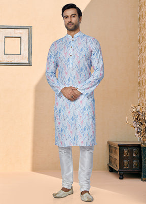 2 Pc Blue Dupion Silk Kurta And Pajama Set - Indian Silk House Agencies