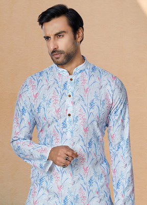 2 Pc Blue Dupion Silk Kurta And Pajama Set - Indian Silk House Agencies