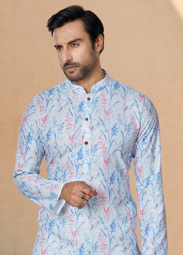 2 Pc Blue Dupion Silk Kurta And Pajama Set - Indian Silk House Agencies