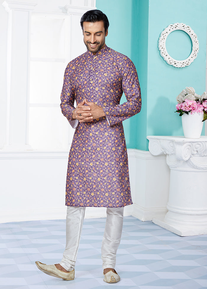 2 Pc Purple Dupion Silk Kurta And Pajama Set - Indian Silk House Agencies