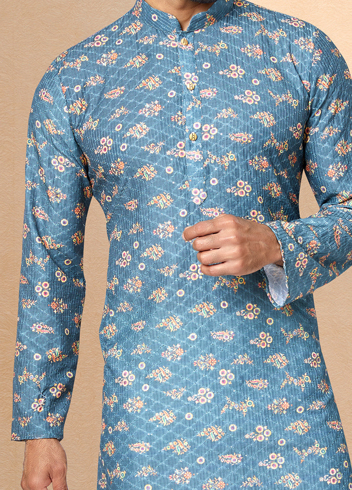 2 Pc Blue Dupion Silk Kurta And Pajama Set - Indian Silk House Agencies