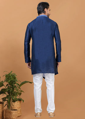 2 Pc Navy Blue Silk Kurta Pajama Set - Indian Silk House Agencies