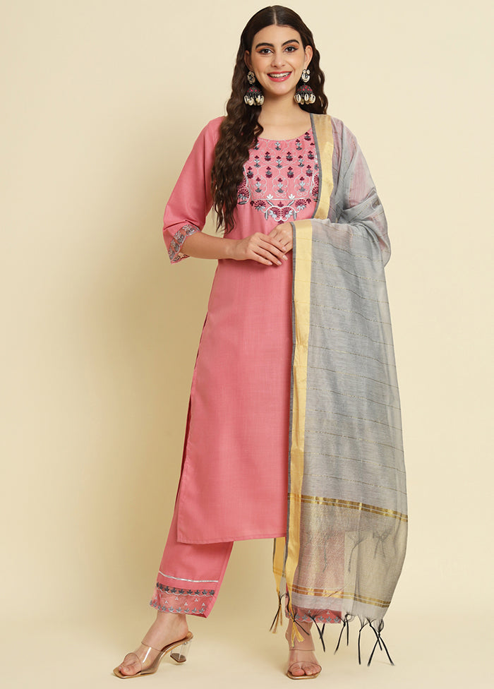 3 Pc Pink Readymade Silk Dupatta Suit Set