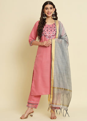3 Pc Pink Readymade Silk Dupatta Suit Set