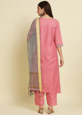 3 Pc Pink Readymade Silk Dupatta Suit Set