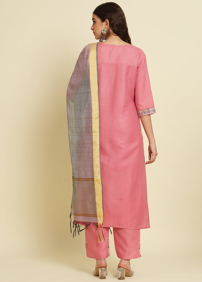3 Pc Pink Readymade Silk Dupatta Suit Set