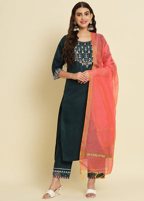 3 Pc Teal Readymade Silk Dupatta Suit Set