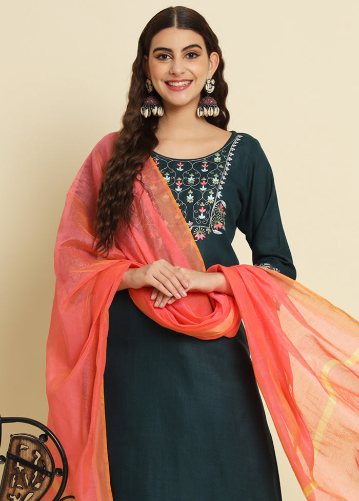 3 Pc Teal Readymade Silk Dupatta Suit Set