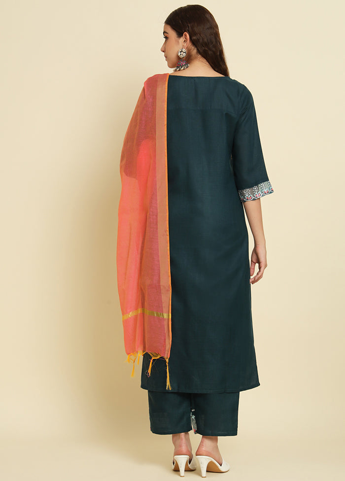 3 Pc Teal Readymade Silk Dupatta Suit Set