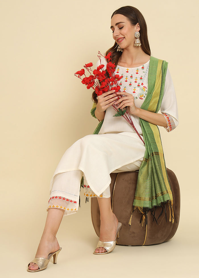 3 Pc White Readymade Silk Dupatta Suit Set