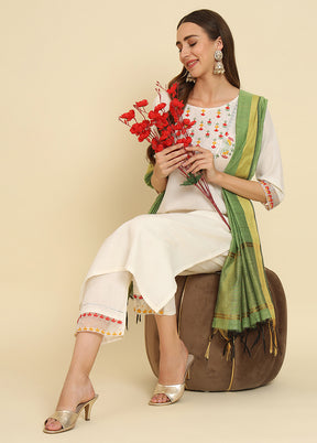 3 Pc White Readymade Silk Dupatta Suit Set