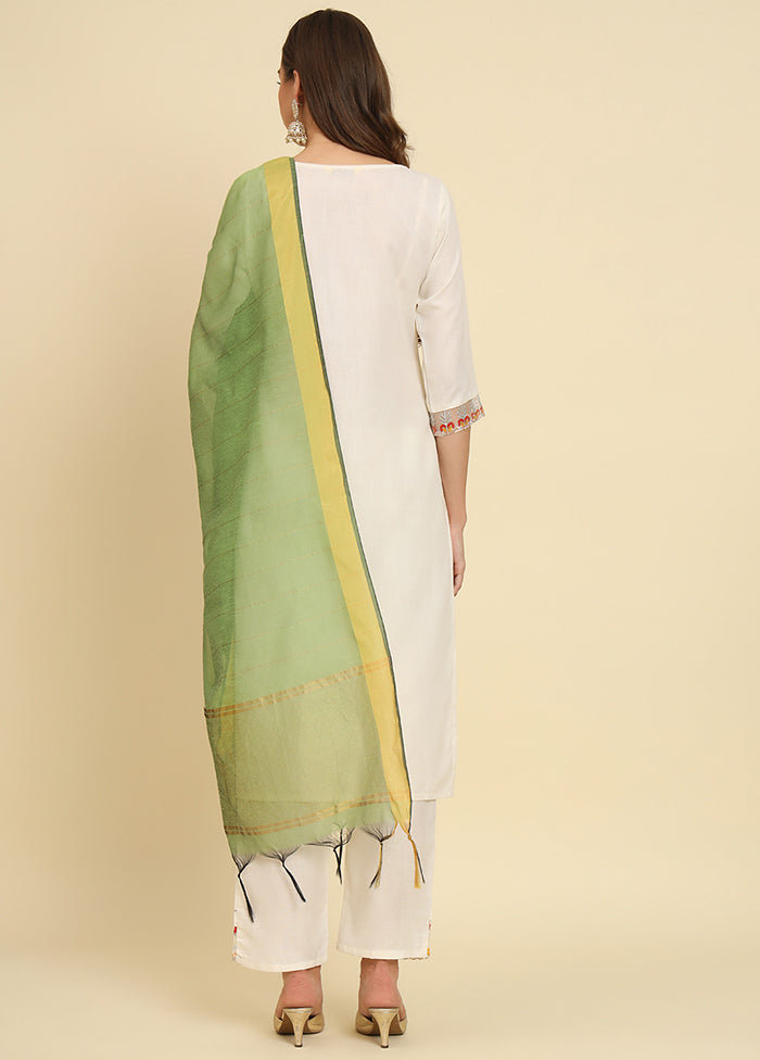 3 Pc White Readymade Silk Dupatta Suit Set