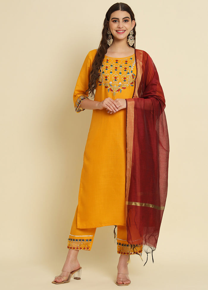 3 Pc Yellow Readymade Silk Dupatta Suit Set