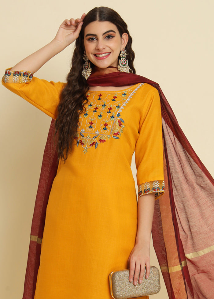 3 Pc Yellow Readymade Silk Dupatta Suit Set
