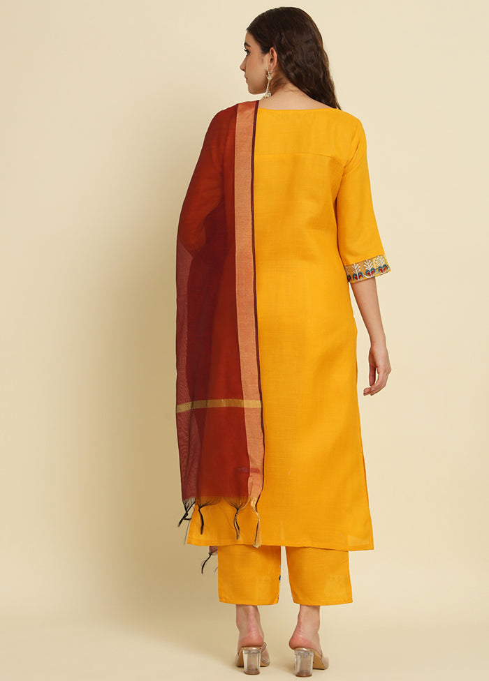 3 Pc Yellow Readymade Silk Dupatta Suit Set