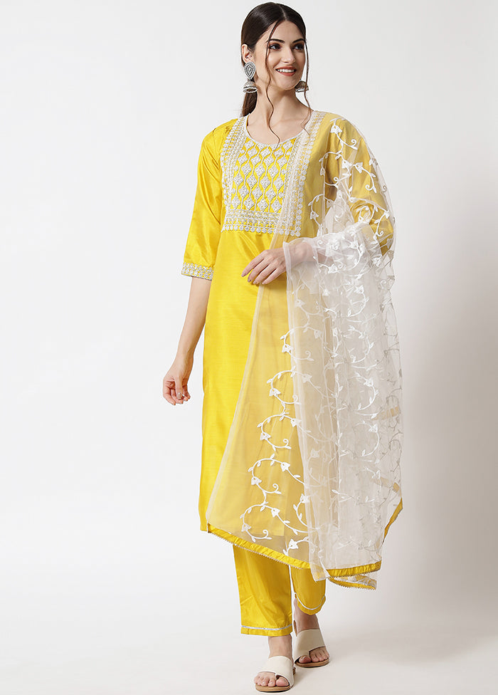 3 Pc Yellow Readymade Silk Dupatta Suit Set