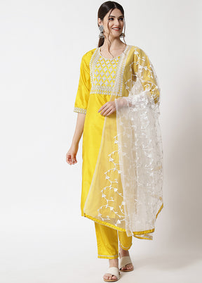 3 Pc Yellow Readymade Silk Dupatta Suit Set