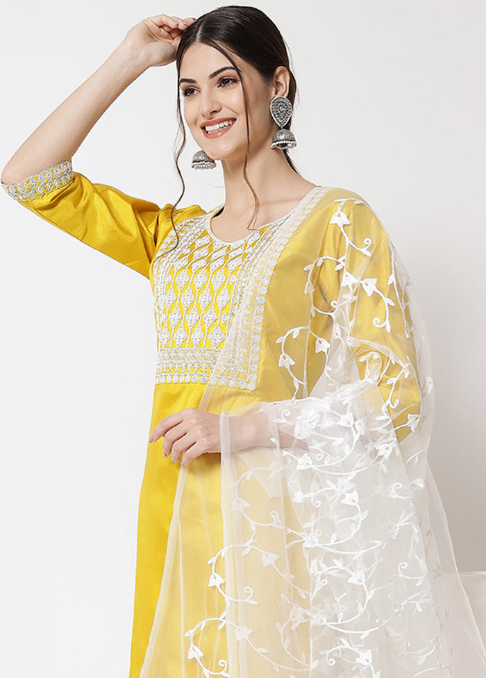 3 Pc Yellow Readymade Silk Dupatta Suit Set