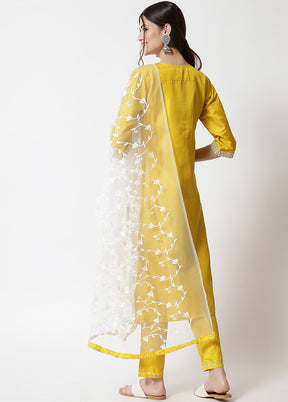 3 Pc Yellow Readymade Silk Dupatta Suit Set