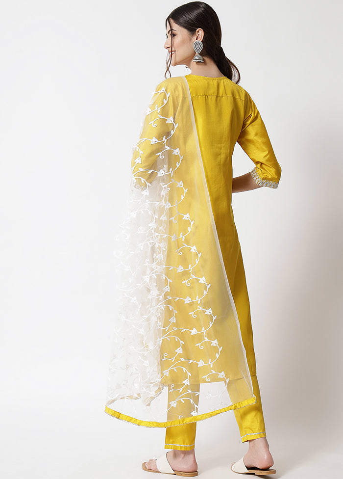 3 Pc Yellow Readymade Silk Dupatta Suit Set