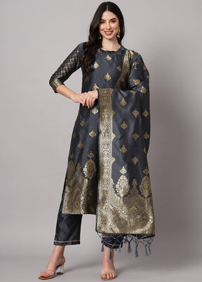 3 Pc Grey Readymade Cotton Dupatta Suit Set