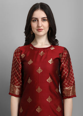 3 Pc Maroon Readymade Cotton Dupatta Suit Set