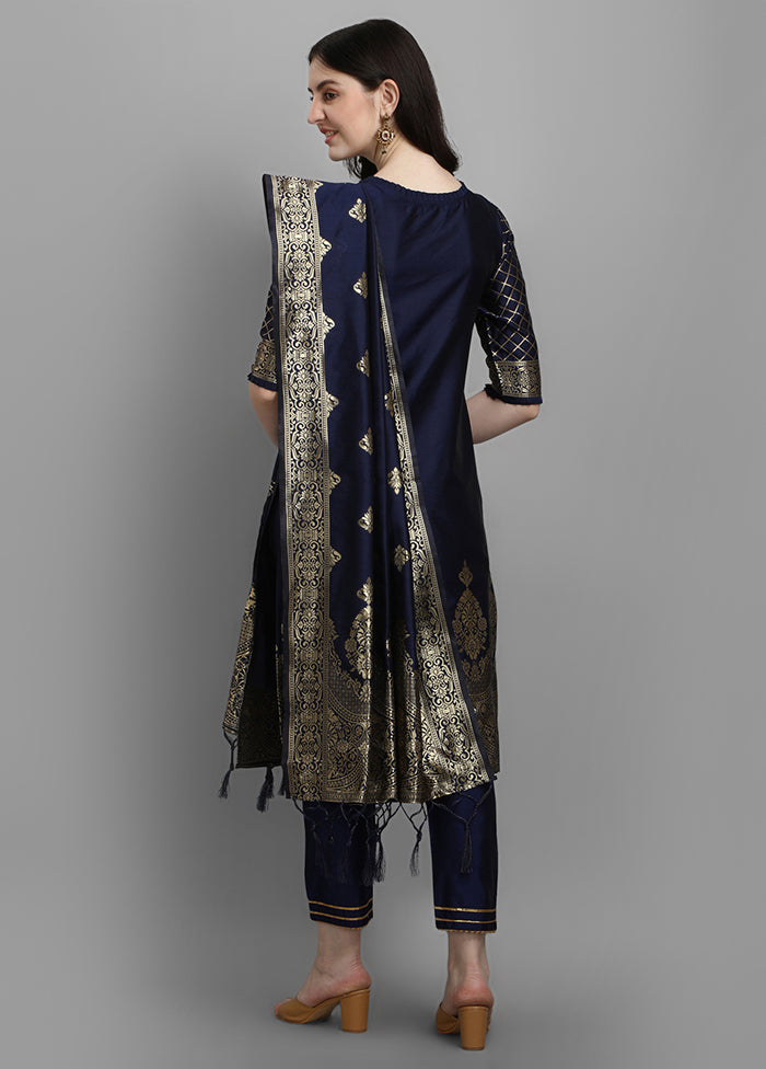 3 Pc Blue Readymade Cotton Dupatta Suit Set