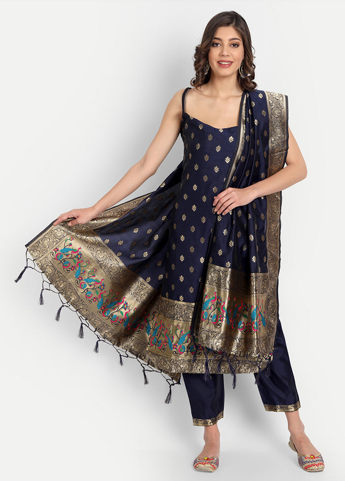 3 Pc Blue Readymade Cotton Dupatta Suit Set