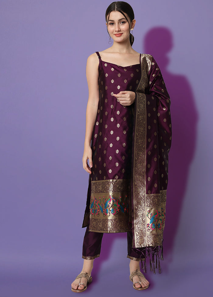 3 Pc Purple Readymade Cotton Dupatta Suit Set