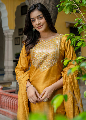 3 Pc Mustard Readymade Cotton Dupatta Suit Set