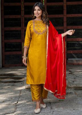 3 Pc Mustard Readymade Cotton Dupatta Suit Set