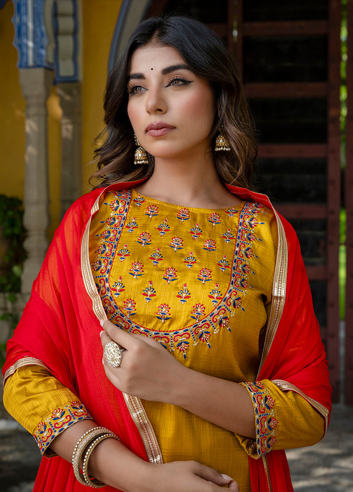3 Pc Mustard Readymade Cotton Dupatta Suit Set