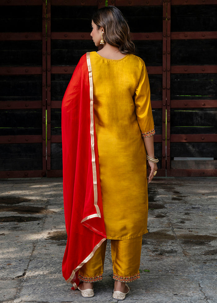 3 Pc Mustard Readymade Cotton Dupatta Suit Set