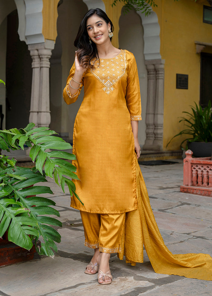 3 Pc Mustard Readymade Silk Dupatta Suit Set