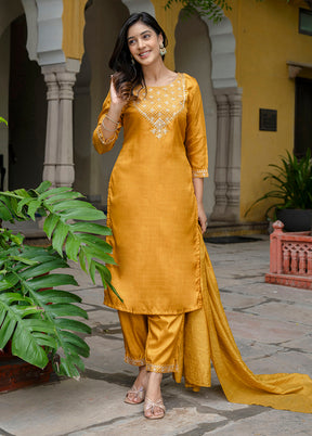 3 Pc Mustard Readymade Silk Dupatta Suit Set