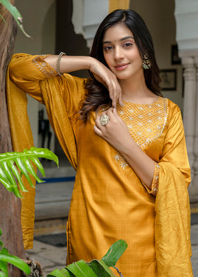 3 Pc Mustard Readymade Silk Dupatta Suit Set