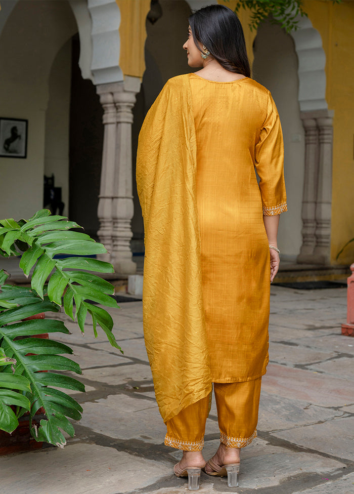 3 Pc Mustard Readymade Silk Dupatta Suit Set