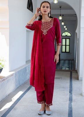 3 Pc Red Readymade Silk Dupatta Suit Set